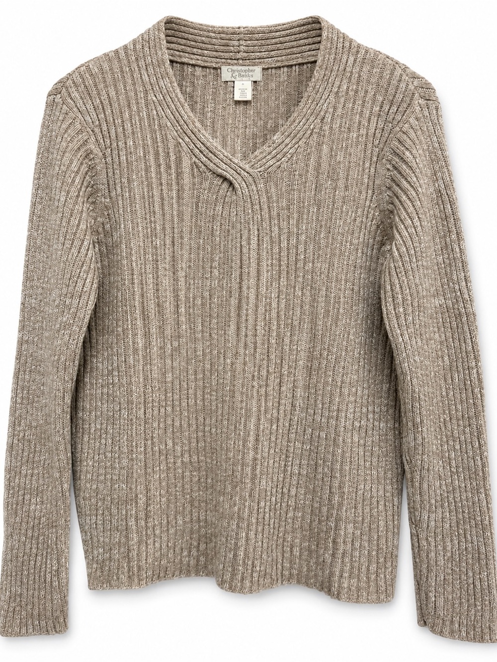 Oatmeal Ribbed V Neck Sweater Ramie Cotton Christopher & Banks Large